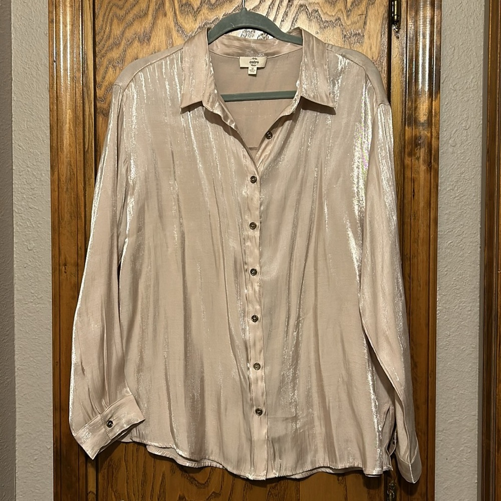 Entro Women’s Button Down Gold Shirt Shimmer Holiday Blouse size Medium - Picture 6 of 10